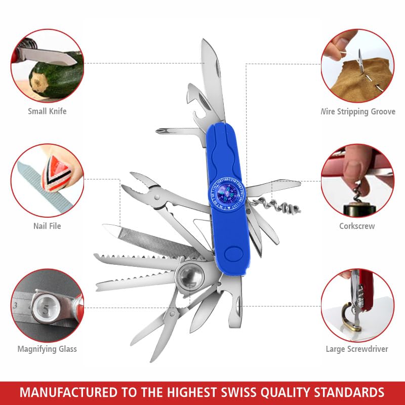 Swiss Eagle 30-in-1 Classic Pocket House Hold & Campaign Tool, Premium Multi Tool Pocket Tool with Compass, Scissor, Screwdriver, Plier, Magnifying Glass, Tweezer for Christmas Gifts - Blue
