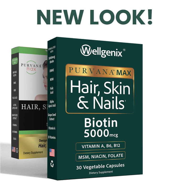 Wellgenix Purvana MAX Hair Skin and Nails Supplement – 5000mcg Biotin with MSM & B-Complex – Support for Thicker Hair, Stronger Nails & Glowing Skin – 30 Veggie Capsules | Biotin, MSM & hyaluronic acid in vegetable capsules for thicker, fuller hair, st...