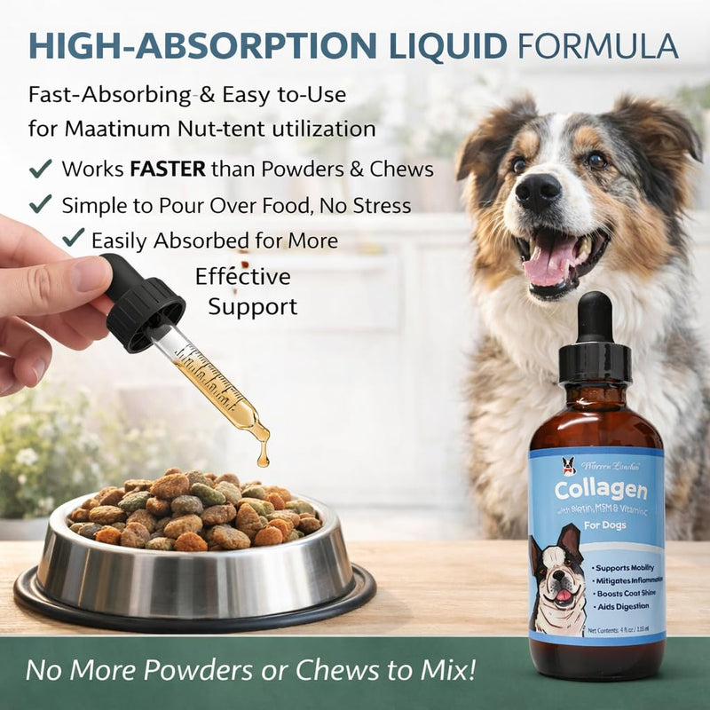 Warren London Liquid Collagen for Dogs – Skin & Coat Support, Joint Mobility Supplement with Collagen Peptides, MSM, Biotin & Vitamin C – Shedding Support Food Topper, Bacon Flavor, Made in USA