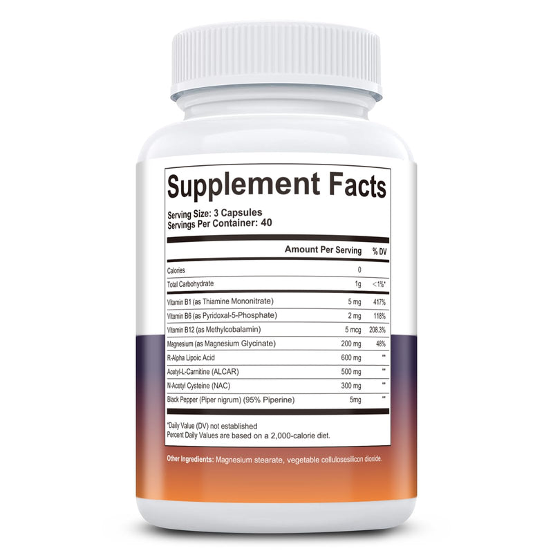Migcopat R Alpha Lipoic Acid 600mg Neuropathy Supplement 120 Caps | ALCAR, NAC, Magnesium & Active B-Vitamins | Antioxidant for Energy & Nervous System, Non-GMO, Vegan