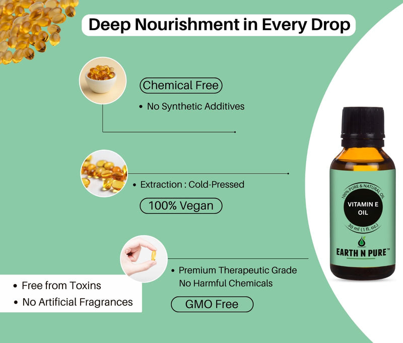 Earth N Pure Vitamin E Oil Therapeutic Grade for Skin, Hair and Nails with Glass Dropper 30 ml 1.06 Fl Oz (Pack of 1)