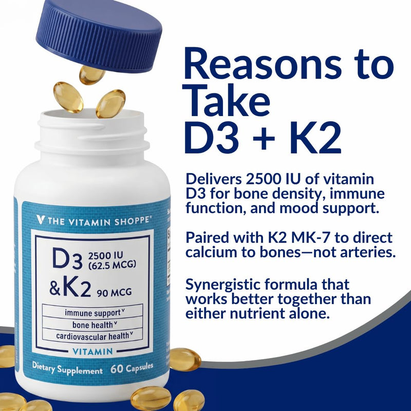 The Vitamin Shoppe Brand Vitamin D3 2500 IU & K2 90 MCG, 60 Capsules | Includes Calcium, D3, K2 & MK7 for Bone Health, Immune Support & Cardiovascular Health, Gluten Free