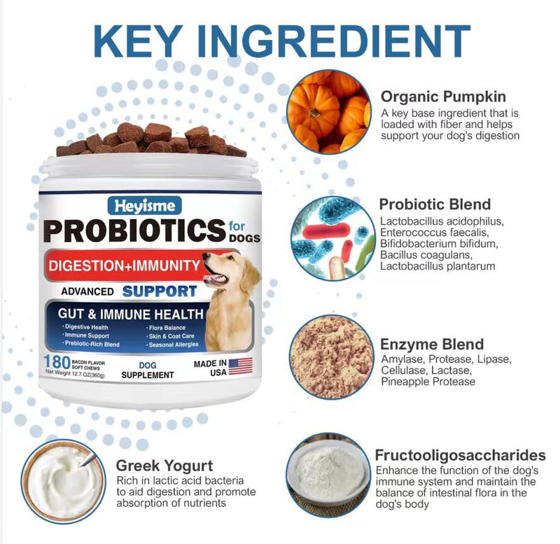 Probiotics for Dogs, Improve Yeast Balance, Itchy Skin Itchy Ears, Gut Health, Allergies, Immunity, Dog Probiotics and Digestive Enzymes with Prebiotics - Reduce Diarrhea (180 Chews, Bacon) 180 Chews