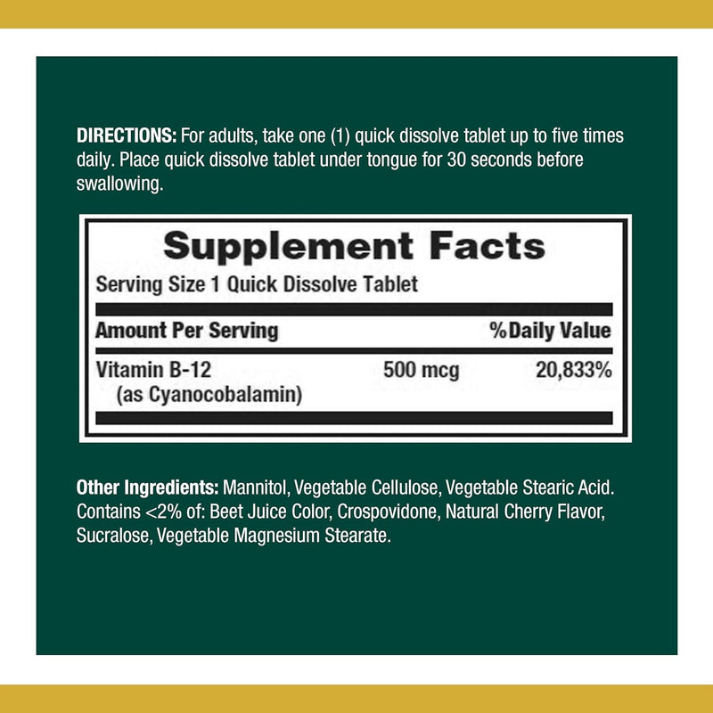 Nature’s Bounty Vitamin B-12 500 mcg, 100 Count (Pack of 2) 200 Count (Pack of 1)