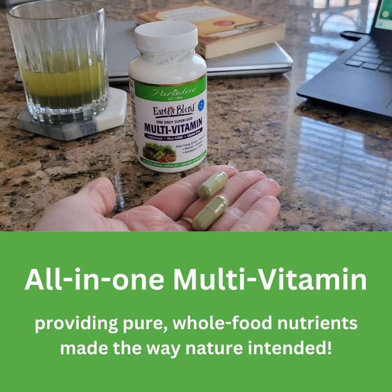 Paradise Herbs Earth's Blend Once Daily Multivitamin No Iron 120 | Dietary supplement with 48 organic superfoods, probiotics, antioxidants, vitamins A B12 C D and K2, vegetarian tablets. 120 Count (Pack of 1)