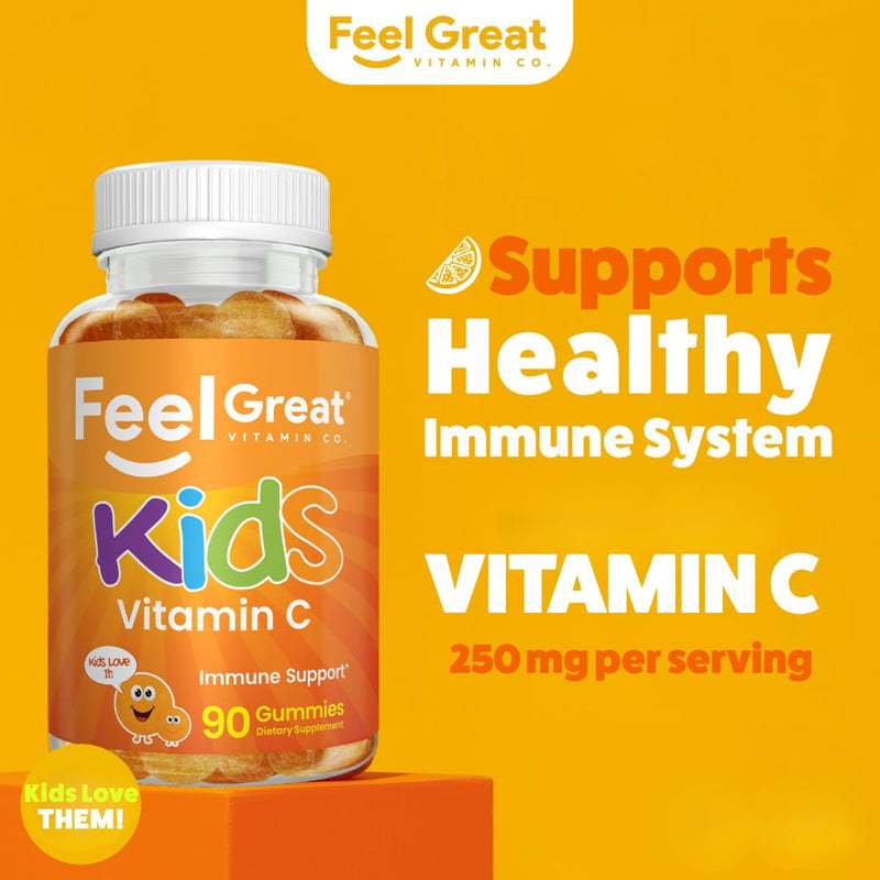 Feel Great Kids Vitamin C Gummies, 250mg Immune Support, Vegan, 90 Ct | Daily Immune Support, Antioxidant Vitamin C, 250mg per Serving, Vegan Gummy for Kids