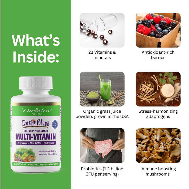 Paradise Herbs & Essentials Once Daily Multivitamin No Iron 60 Count | Features 48 organic superfoods, probiotics, and vitamins A, B12, C, D and K2 in vegetarian capsules for routine use 60 Count (Pack of 1)
