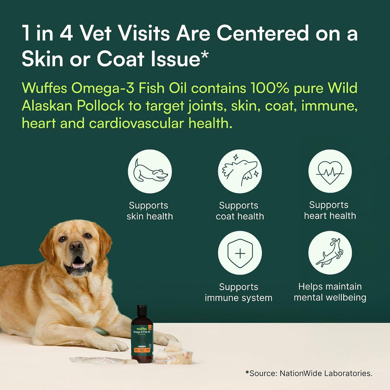 Wuffes Wild Alaskan Pollock Oil for Dogs - Natural EPA & DHA Fatty Acids, Omega 3 for Canines, Supports Healthy Skin and Coat, Joint Nutrition, and Immune System - 100% Pure Fish Oil for Pets - 8 Oz