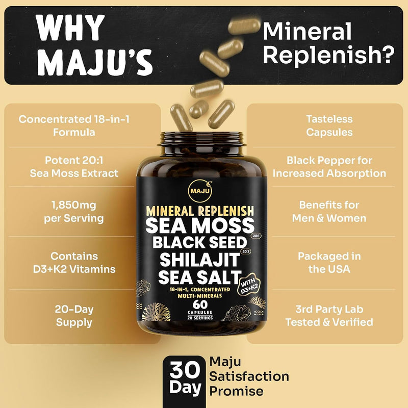MAJU 18-in-1 Black Seed, Shilajit, Sea Moss, Celtic Sea Salt + D3 & K2, Concentrated Extracts, Trace Multi Mineral Capsules, Men & Women Electrolytes Supplements