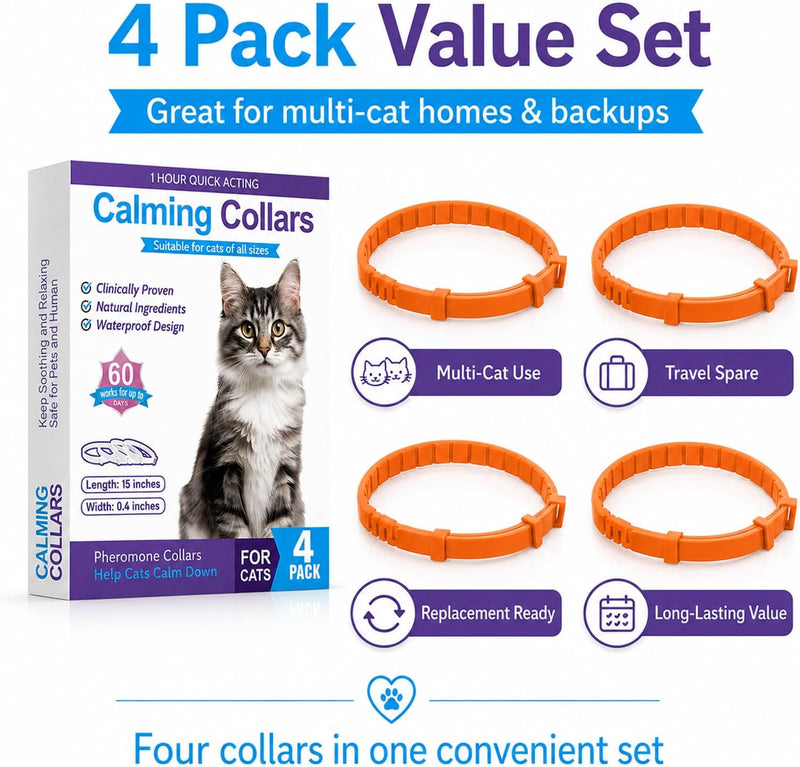 Calming Collar for Cats - Cat Calming Collar Infused with Synthetic Pheromones, Cat Pheromone Diffuser Necklace for Anxiety Relief, Travel, Keeping Quiet - 4 Weeks Supply Each Collar (Orange, 4P)