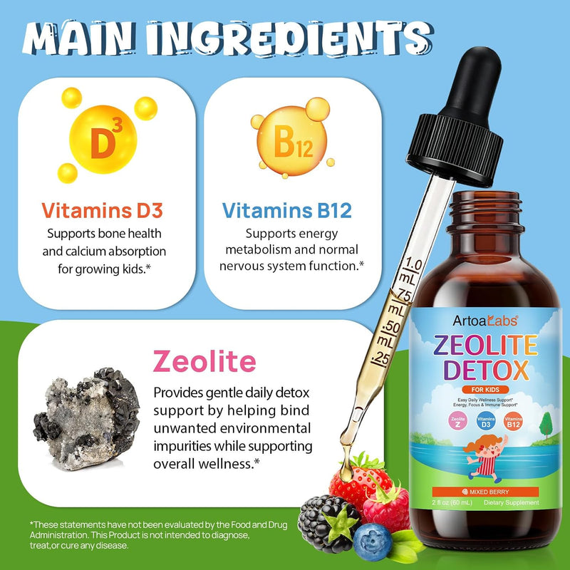 Zeolite Detox Drops for Kids - Orange Flavor, Vegan, Gluten-Free Gentle Micronized Clinoptilolite - Liquid Supplement with Vitamins B12, C & D to Clean Toxins for Children & Toddlers