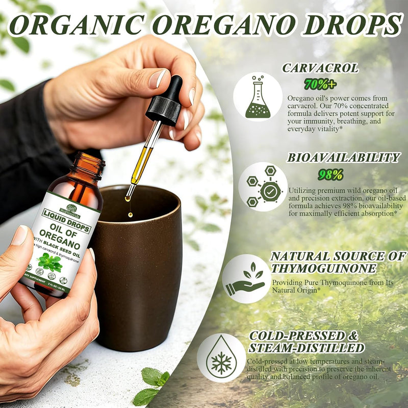Oil of Oregano with Black Seed Oil Liquid Drops ‚Äì Wild Oregano (90% Carvacrol) and Black Currant Seed Oil ‚Äì Vegan, GMO-Free & High-Potency ‚Äì Supports Immunity, Gut Health & Wellness (Unflavored, 30mL)