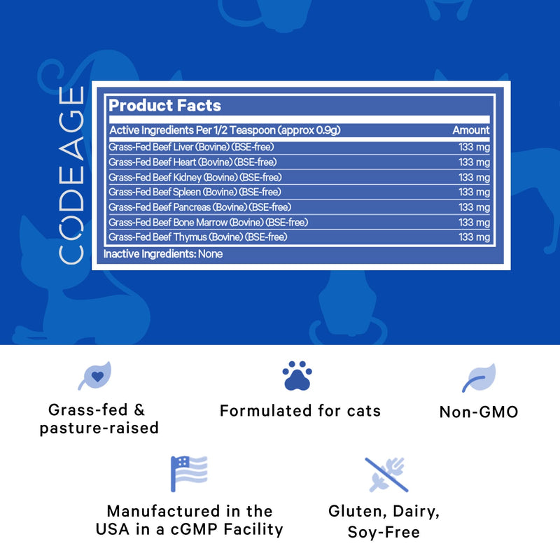 Happy Healthy Organs & Glands Supplement For Cats, Freeze-Dried Raw Bovine Liver Grass-Fed Bone Marrow Heart Kidney Pancreas, Bovine Thymus Iron Multi Organ Powder, Joints Cat Vitamins 1.48 oz - PawsPlanet Australia