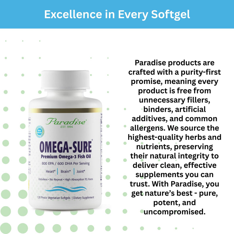 Paradise Herbs Omega-Sure Omega-3 Fish Oil, 120 Vegetarian Softgels | Omega-3 concentrate with DHA and EPA, non-GMO and gluten free formula for heart health support in easy-to-swallow form 120 Count (Pack of 1)