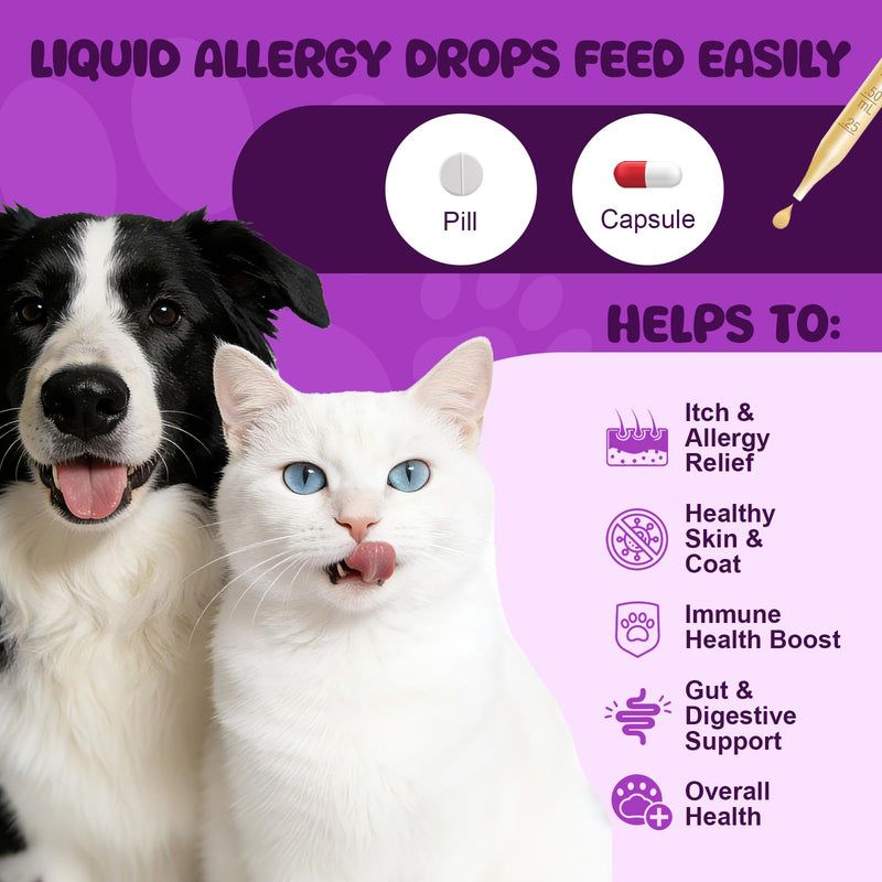 Liquid Dog Allergy Drops for Itchy Skin & Paws, Seasonal Allergies, Allergy Relief Drops for Cats Immune, Digestive Support 60mL Natural Cats & Dog Yeast Infection Relief for All Breeds