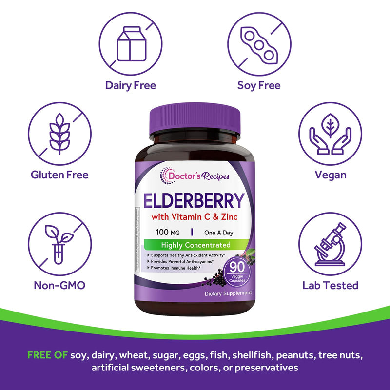 Doctor's Recipes Elderberry Extract, with Vitamin C and Zinc, Extra Strength, Super Concentrated Sambucus Extract, for Immune Support, Vegan, 90 Capsules, Non-GMO