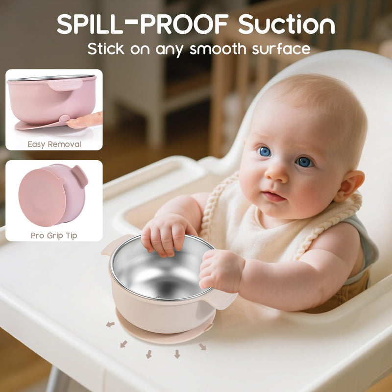 Bella's Friends Stainless Steel and Silicone Baby Bowls with Suction 3 Pack, 4.3‚Äù for Toddlers Kids Feeding, Non-Slip, Non-Toxic, Mess-Free, Dishwasher Safe, Fit High Chair Size, beige green blue