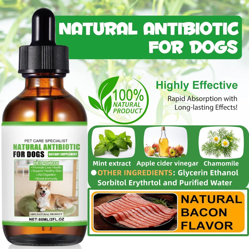 Natural Dog Antibiotics for Dogs, Dog Antibiotics Drops for Itchy Skin Supports Allergy Relief Allergies Ear Infections Coughs Vet, Non Irritating Anti-Fungal - Bacon Flavor (60ML) 60 millilitre
