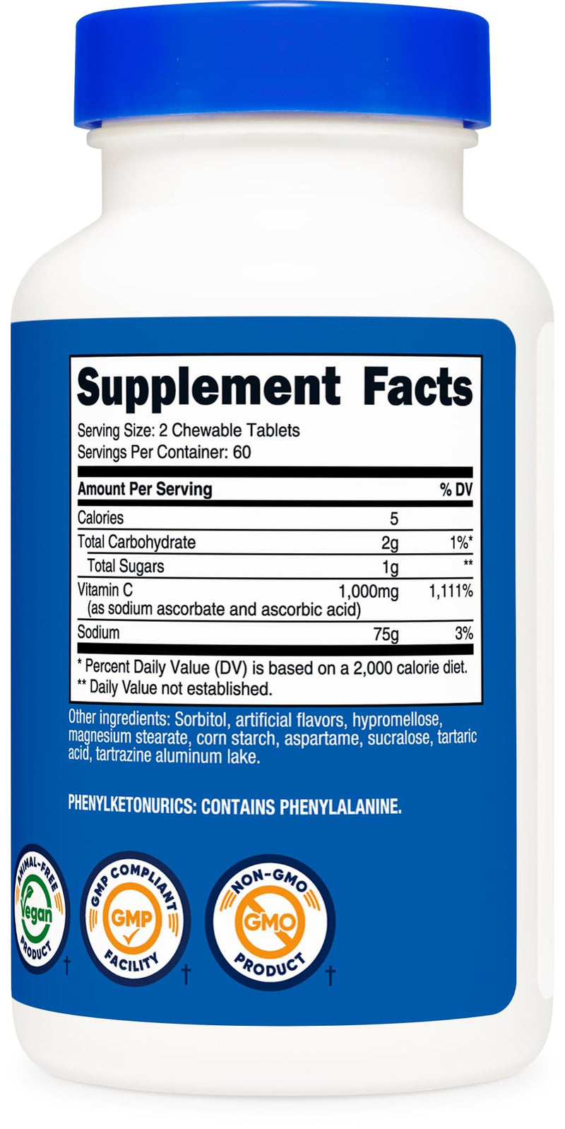 Nutricost Vitamin C Chewable (1,000mg) 120 Tablets, Vegan | GMO-Free, 60 Servings 120 Count (Pack of 1)