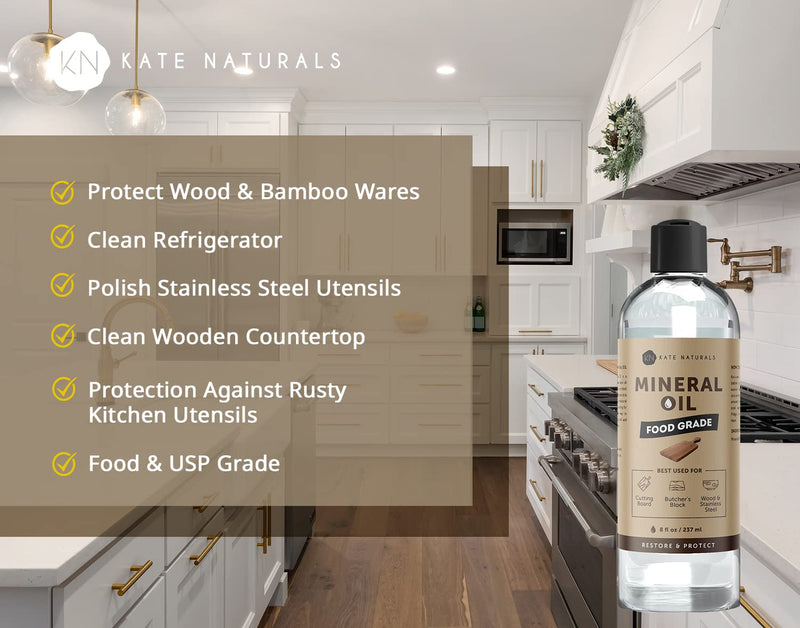 Kate Naturals Mineral Oil for Cutting Board 8oz. Food Grade & Food Safe Mineral Oil to Protect Wood on Cutting Boards, Butcher Block & Bamboo Board 8 Ounce - BeesActive Australia