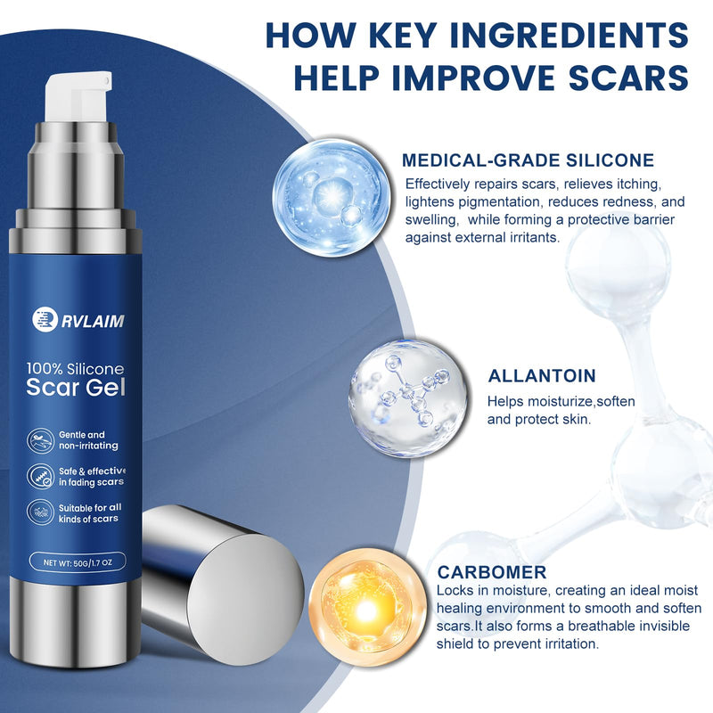 Rvlaim 100% Silicone Scar Gel Scar Cream, Advanced Silicone Gel for Removal of Surgical, Burns, Acne Scar, Old and Recent Scars and Stretch Marks, 1.7 oz/50ml 50ML