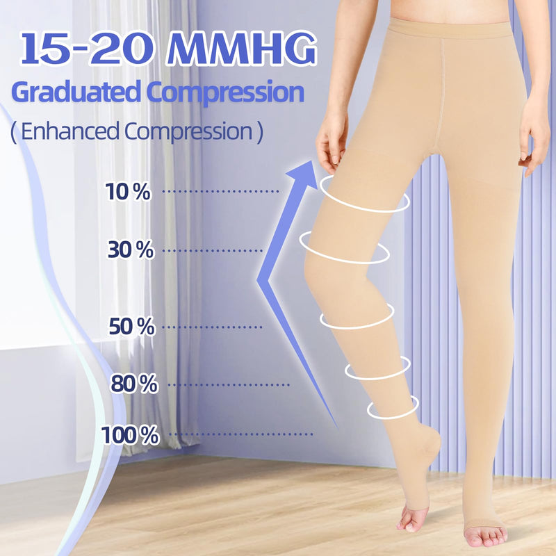 15-20 mmHg Compression Pantyhose for Women, Medical Compression Stockings, Open Toe Compression Leggings,Waist High Compression Tights for Edema, Varicose Veins, Swelling, Pregnant,Nurses, Athletes 2XL Beige