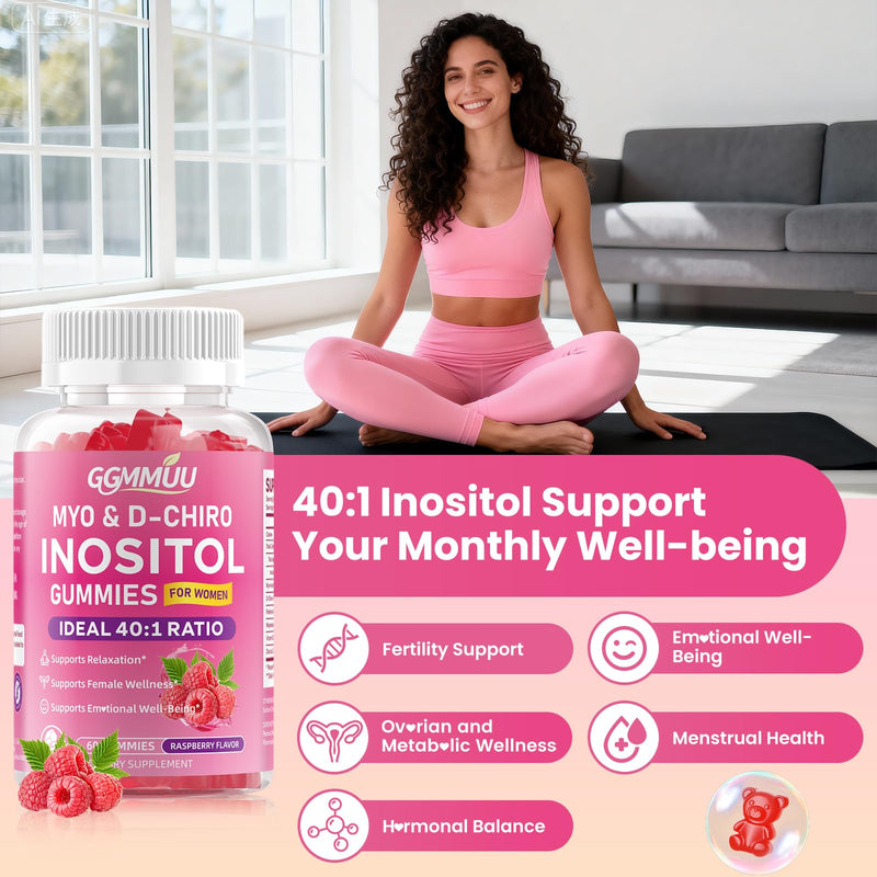 Myo-Inositol & D-Chiro Inositol Gummies for Women, 120 Count | 1000mg+25mg 40:1 Ratio, with Vitamin D3, Magnesium Glycinate, Folate & Zinc, Vegan, Sugar Free, Non-GMO, Raspberry Flavor 60 Count (Pack of 2)