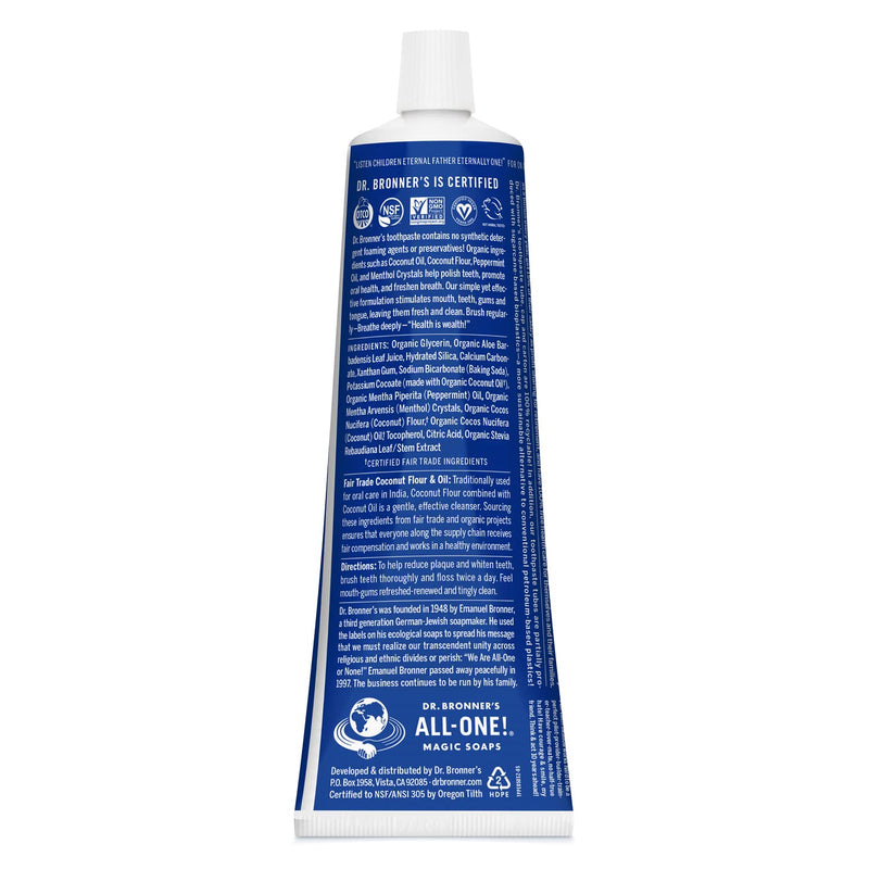 Dr Bronner's All One Peppermint Toothpaste, Made with Organic, Fluoride-Free Ingredients with No Artifical Colours, Flavours, Preservatives or Sweeteners, Vegan Friendly, 105ml Tube (Pack of 2) 105 ml (Pack of 2)