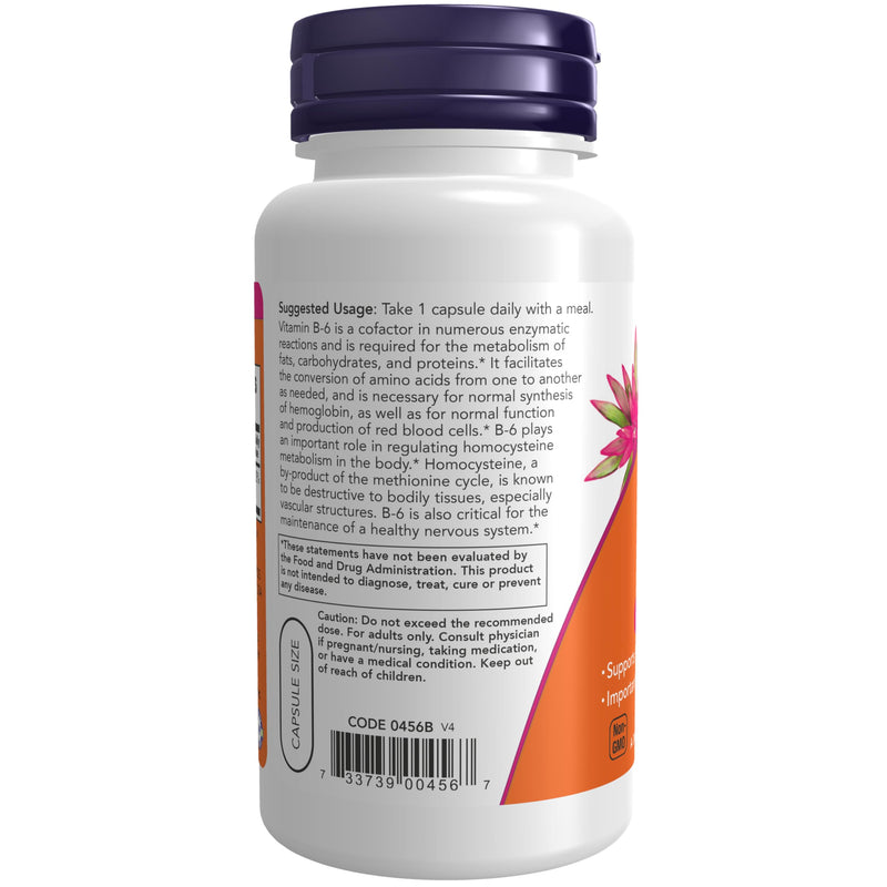 NOW Foods Supplements, Vitamin B-6 (Pyridoxine HCl) 100 mg, Cardiovascular Health*, 100 Veg Capsules 100 Count (Pack of 1)