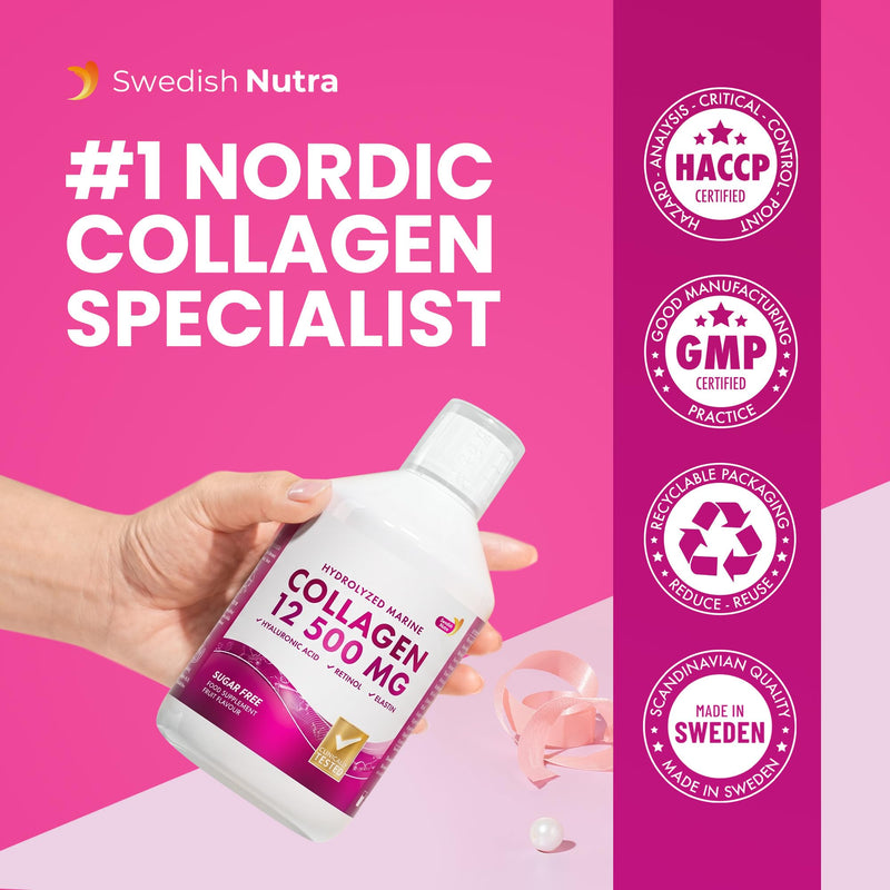 Swedish Nutra Marine Collagen 12,500 mg Liquid, 500 ml, 20 Day | 12,500mg Type 1 & 3 marine collagen with hyaluronic acid, biotin & vitamins for hair, skin, nails & joints; sugar free SN Marine Collagen 12 500 mg Sugar Free 500ml
