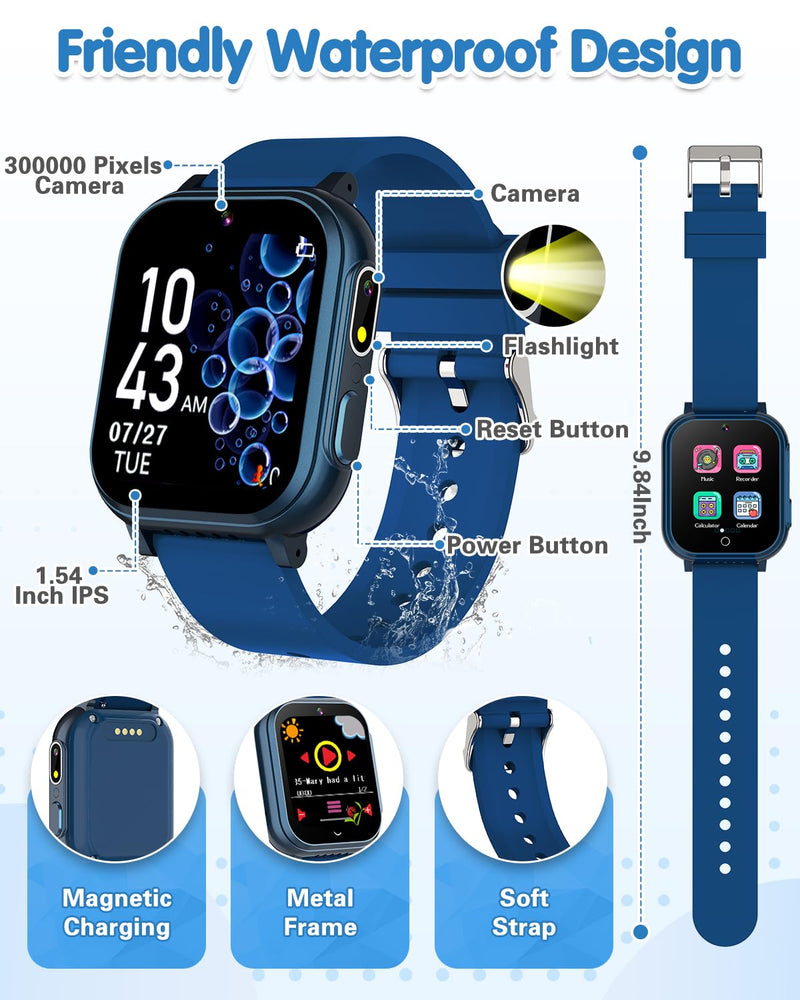 Waterproof Smart Watch for Kids with 32 Games Dual Camera, Habit Tracking, Alarm, Pedometer, HD Touchscreen with Protector, Kids Watch Toys for Boy Age 5-12 Christmas Birthday Gift Boys Girls(Blue) BLUE - BeesActive Australia