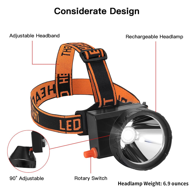 Hiking Headlamp LED Work Head Lamp Waterproof Headlight Flashlight, 90° Angle Adjustable Cordless Rechargeable Hunting Headlamp for Diving, Running, Camping, Fishing
