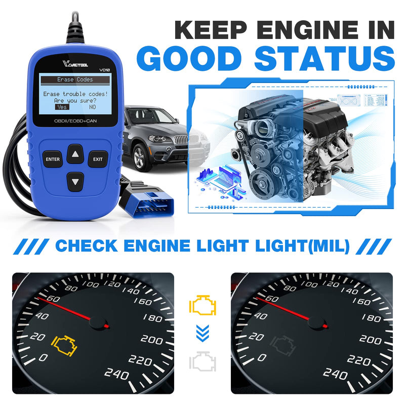 VDIAGTOOL VD10 OBD2 Scanner Code Reader Car Diagnostic Tool Engine Fault Code Reader for Turn Off CEL with Freeze Frame/I/M Readiness for All OBDII Protocol Cars, OBD2 Scanner Diagnostic Tool Blue - BeesActive Australia