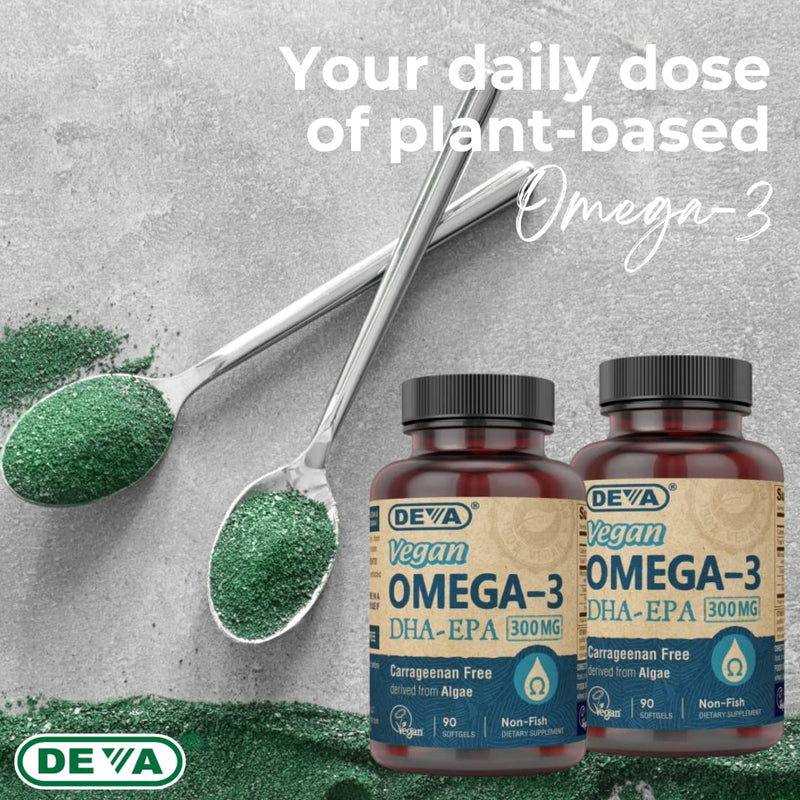 DEVA Vegan Omega-3 DHA-EPA 300MG 2-Pack – No Carrageenan, Non-Fish Oil Derived from Algae, Non-GMO, 90 Gelatin-Free Softgels Ea 90 Count (Pack of 2)