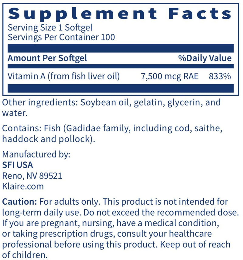 Klaire Labs Vitamin A - High Potency 25000 IU Dose (7,500mcg RAE) from Fish Liver Oil, Preformed Retinol Form (100 Softgels) - BeesActive Australia