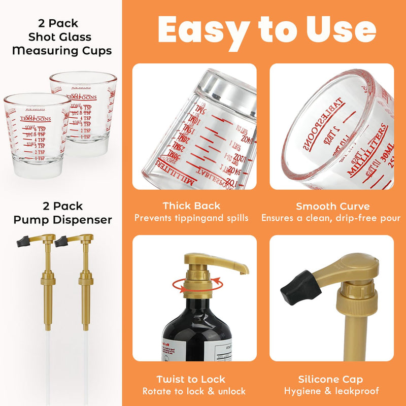 2 Pack for MaryRuth Liquid Multivitamin, 1ml Pump & Shot Glass Set | Food-Grade Glass, Leakproof Pump, 4-in-1 Measuring Cup (ml/oz/tsp/tbsp), for MaryRuth 15 & 30 fl oz Bottles