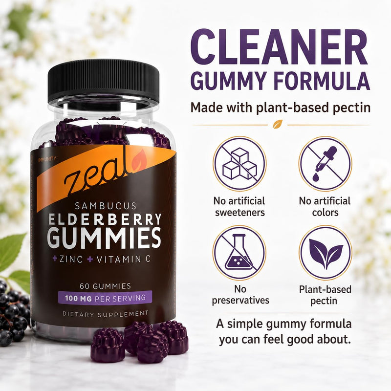 Zeal Naturals Elderberry Gummies for Adults and Kids, Sambucus Black Elderberry with Zinc and Vitamin C, Immune Support Gummies, 60 Count 1 Count (Pack of 1)