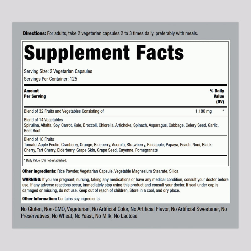 Piping Rock Fruits and Veggies Supplement | 250 Capsules | Superfood Fruit and Vegetables Vitamins | Vegetarian, Non-GMO, Gluten Free