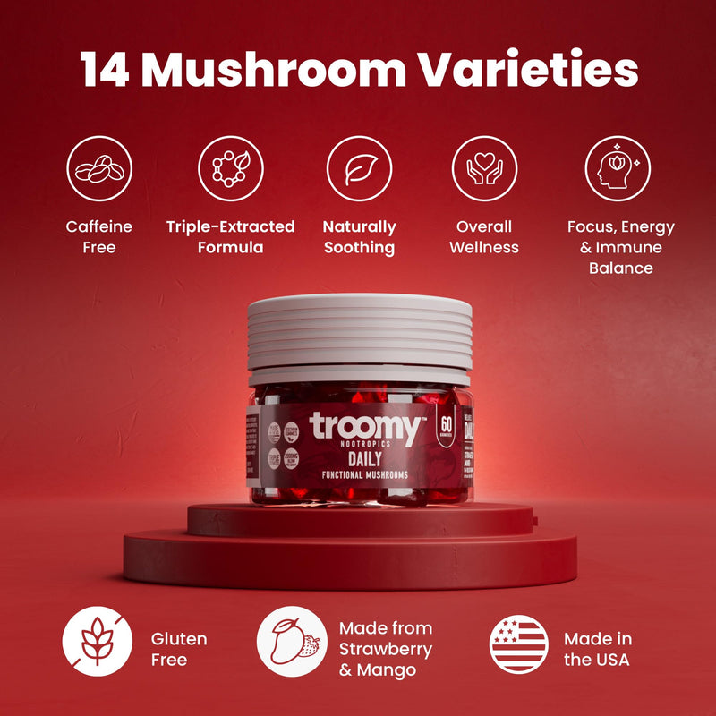 Troomy Daily 14 Mushroom Blend Gummies - Strawberry Mango, 60 Count | Reishi, Cordyceps, Lion's Mane and Chaga in Every Gummy, Triple-Extracted, Vegetarian and Gluten-Free, Made in USA 60 Count (Pack of 1)