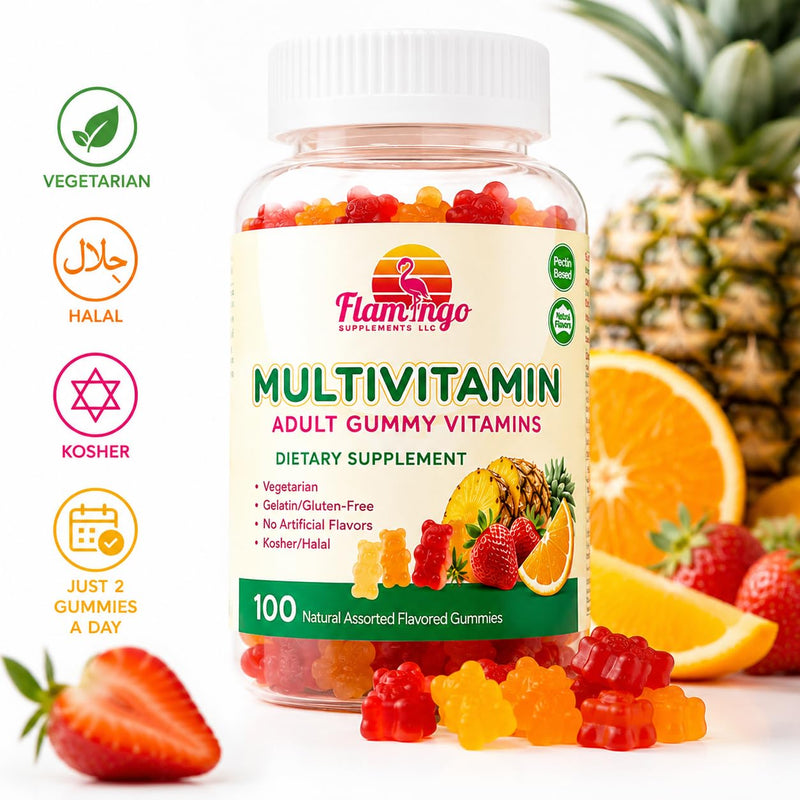Flamingo Supplements Multivitamin Gummies | Vegan Friendly, Kosher Halal NO Gluten or Gelatin, no GMO| for Men, Women & Kids| 3 Natural Flavors | Vitamins C, B3, B12, Biotin, Zinc & More| 100 Gummies
