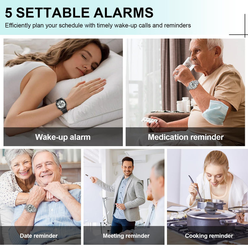 Hearkent Digital Talking Watch with Pedometer,Announces time/Date/Steps/Calories in English,Gift for Elderly,Blind&Visually impaired,5 Alarm Reminders+Hourly Chime,EL Backlight Silver Mesh Strap