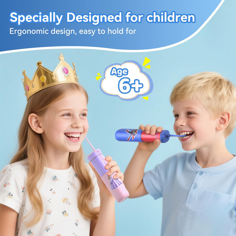JTF Portable Water Flosser for Kids: 4 Gentle Modes for Ages 6+, Safe & Effective for Sensitive Teeth, Braces - with DIY Stickers, 4 Nozzles, Travel Bag, Mini Compact Oral Irrigator for Home & School Blue+red