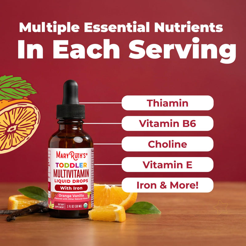 MaryRuth's Organic Toddler Multivitamin Drops with Iron, Vegan, 30 Servings | USDA Organic, Immune Support, Bone Health, Growth & Development, Overall Wellness Cocomelon Todder Multi + Iron