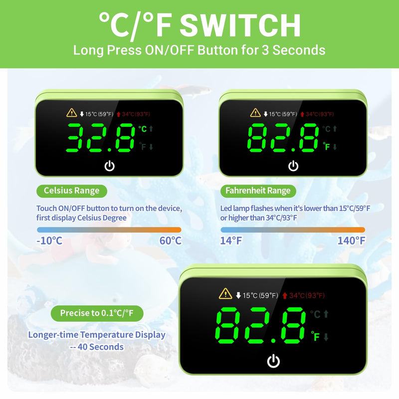 MoonOrange Digital Aquarium Thermometer, Stick-on Fish Tank Thermometer with LED Display, Wireless Aquarium Temperature Measurement with Battery-Change Tool and Extra Sticker.(Green*2) Green-2 Pack - BeesActive Australia