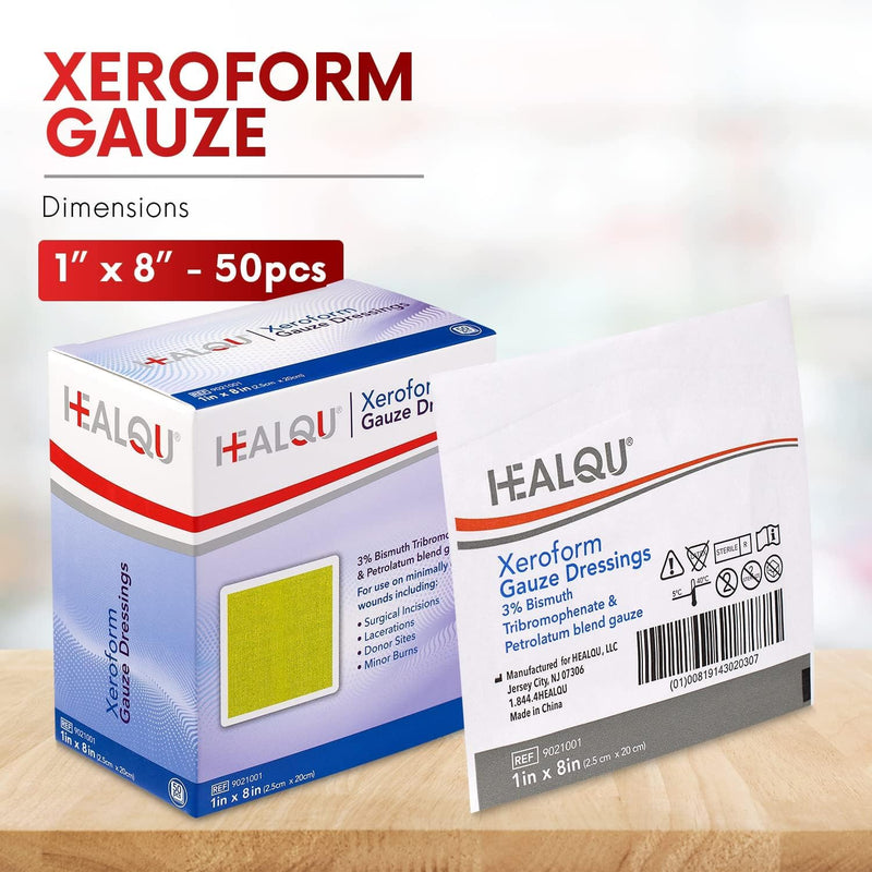 HEALQU Medical Xeroform Petrolatum Dressing 1x8-50 Count - Non-Adherent Gauze Pad for Low Exudating Wounds - Fine Mesh Gauze Patch Sterile for Wound Care Lacerations, Burns & Skin Grafts 1" x 8" Box of 50 - BeesActive Australia