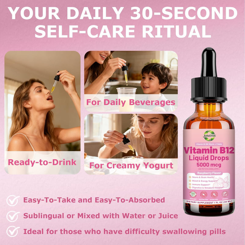 2Pack Liquid Vitamin B12 Drops 5000 mcg Extra Strength B12 Methylcobalamin | with B1 B6 B3 Folate Niacin -Fast Absorption Sublingual B-12 Drops for Energy Metabolism & Brain Function, Vegan B Complex Raspberry 1 Fl Oz (Pack of 2)