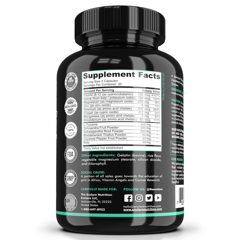 THE ENCLARE NUTRITION Thyroid Support Supplement with Iodine - Balance Hormones for Energy, Metabolism, Focus, Stress, Mood. Ashwagandha, Zinc, Selenium, Vitamin B12, Kelp, Magnesium, L Tyrosine (1) 1