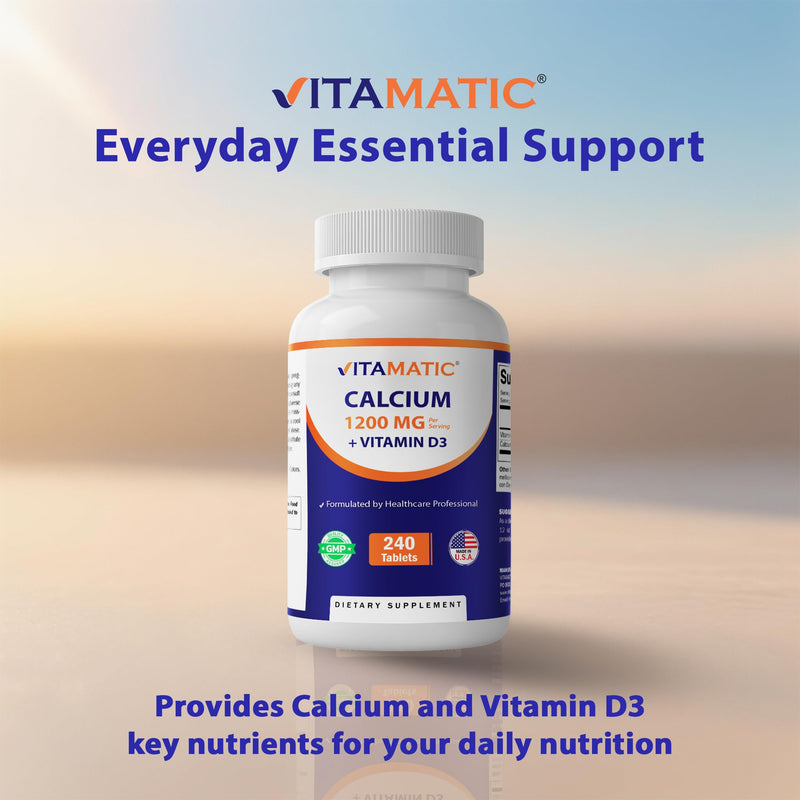 Vitamatic Calcium 1200mg with Vitamin D3 2000 IU (50mcg) – Bone & Immune Support Formula – 240 Tablets – High Absorption Calcium Carbonate with D3 – Non-GMO, Gluten-Free