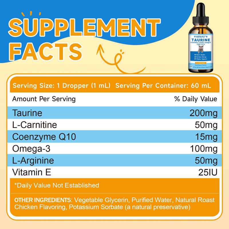 Taurine for Cats - Taurine Supplement for Cats Heart Health, Cardiac Function, Immune System Support - with L-Carnitine, CoQ10, Omega-3, L-Arginine - 60ML, Roast Chicken Flavor