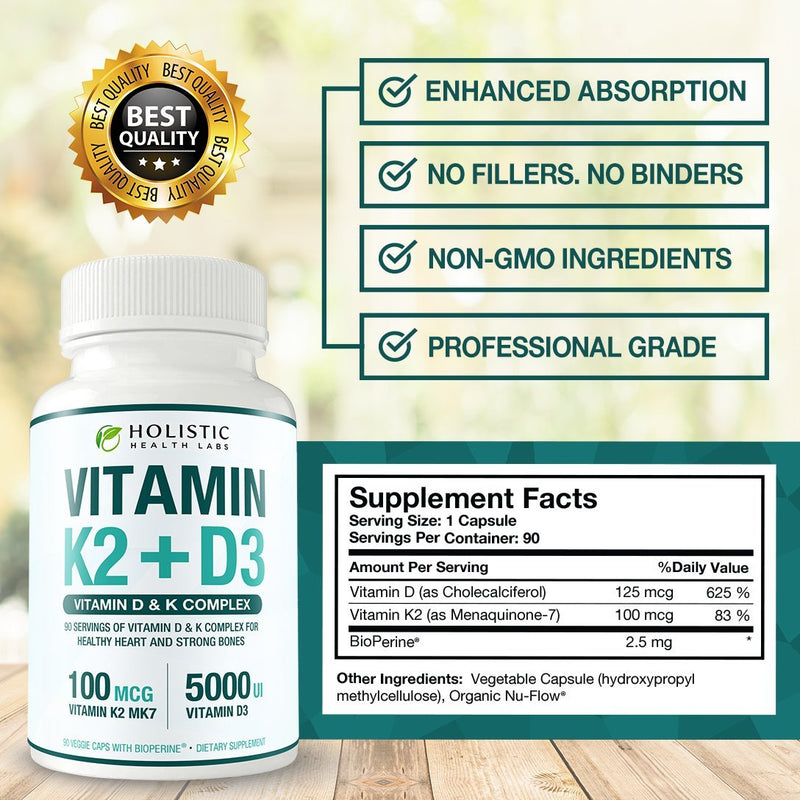 Max Absorption Vitamin K2 + D3 (5000IU) 90 Veggie Capsules From MK-7 (Menaquinone-7) and Cholecalciferol (With BioPerine) 3-Months Supply – D3 with K2 For Healthy Heart and Strong Bones | Non-GMO